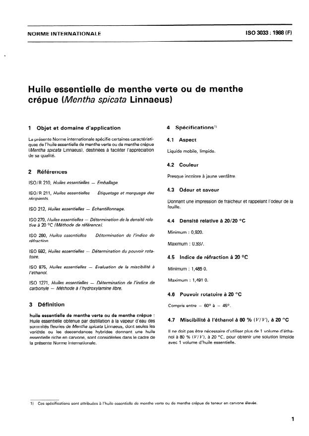 ISO 3033:1988 - Huile essentielle de menthe verte ou de menthe crépue (Mentha spicata Linnaeus)