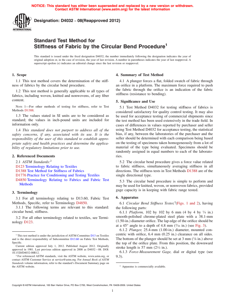 ASTM D4032-08(2012) - Standard Test Method for  Stiffness of Fabric by the Circular Bend Procedure