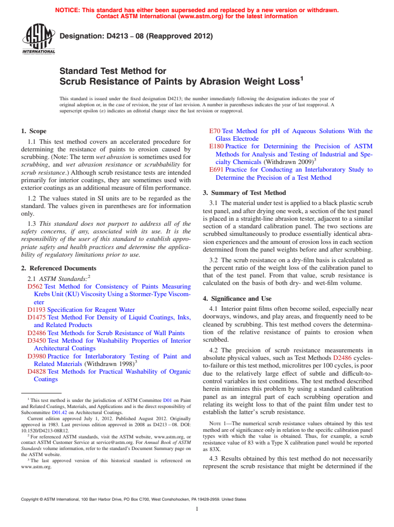 ASTM D4213-08(2012) - Standard Test Method for  Scrub Resistance of Paints by Abrasion Weight Loss