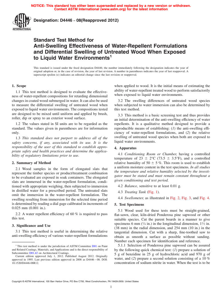 ASTM D4446-08(2012) - Standard Test Method for  Anti-Swelling Effectiveness of Water-Repellent Formulations   and Differential   Swelling of Untreated Wood When Exposed to Liquid   Water Environments