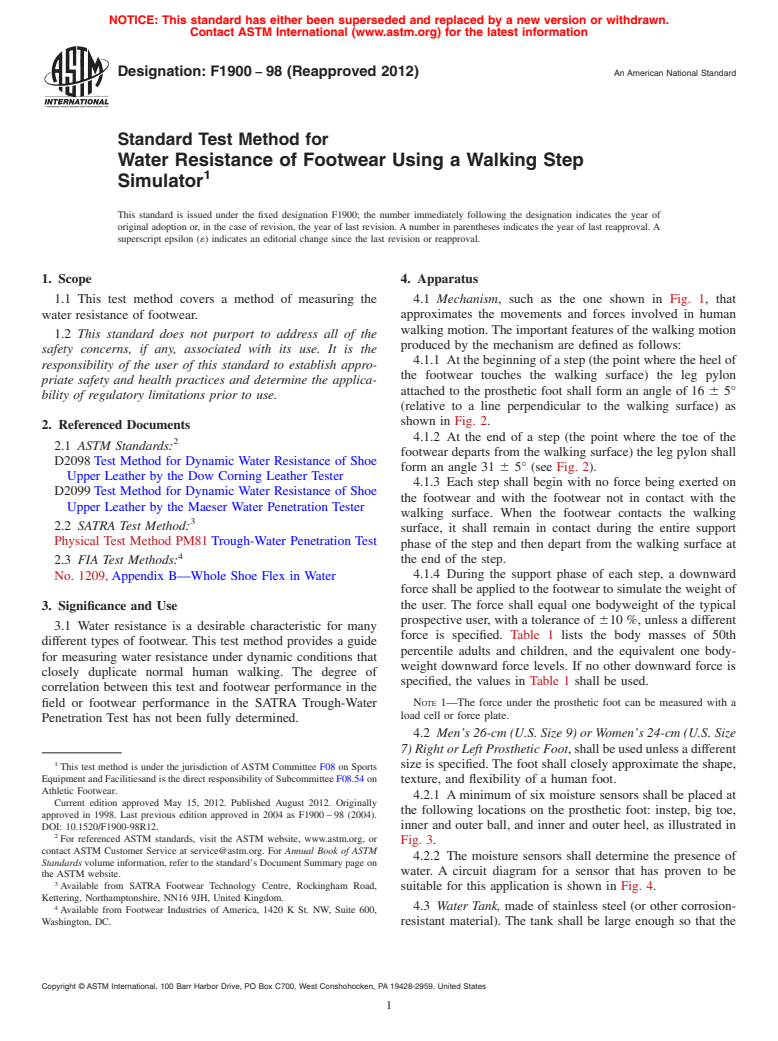 ASTM F1900-98(2012) - Standard Test Method for Water Resistance of Footwear Using a Walking Step Simulator
