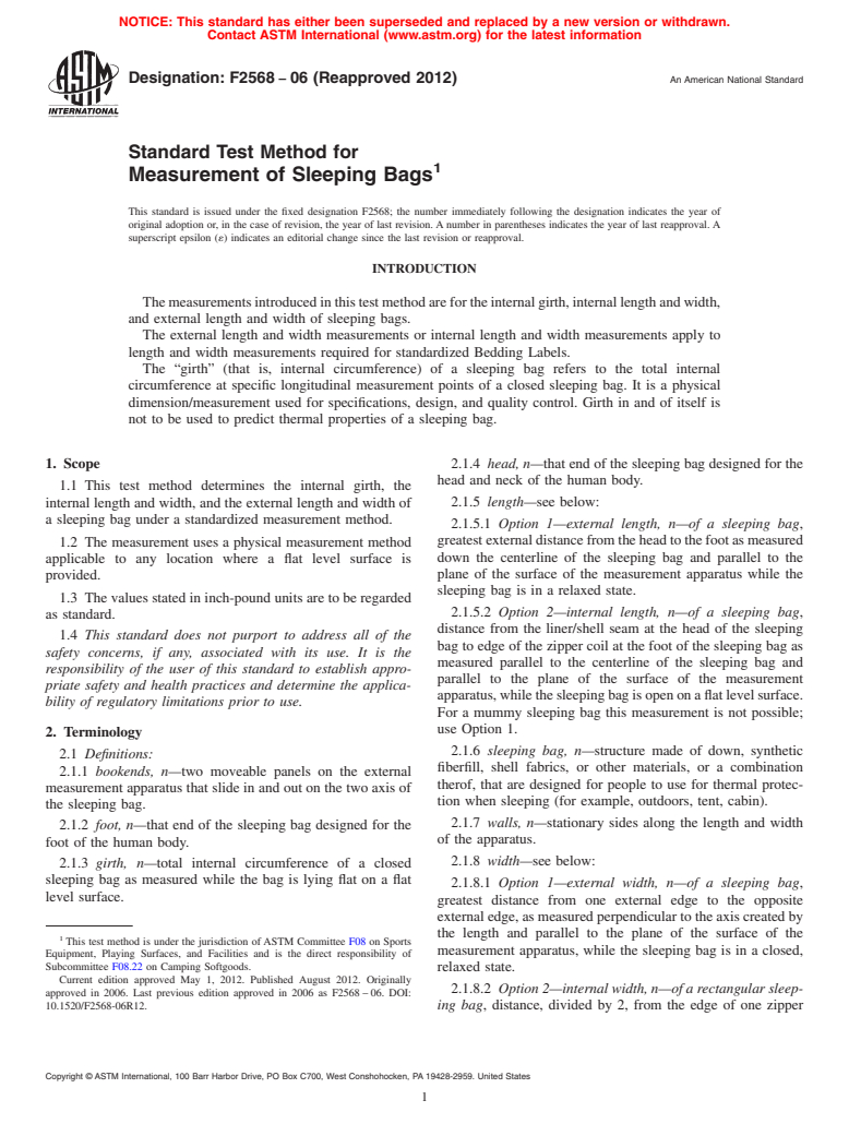 ASTM F2568-06(2012) - Standard Test Method for Measurement of Sleeping Bags