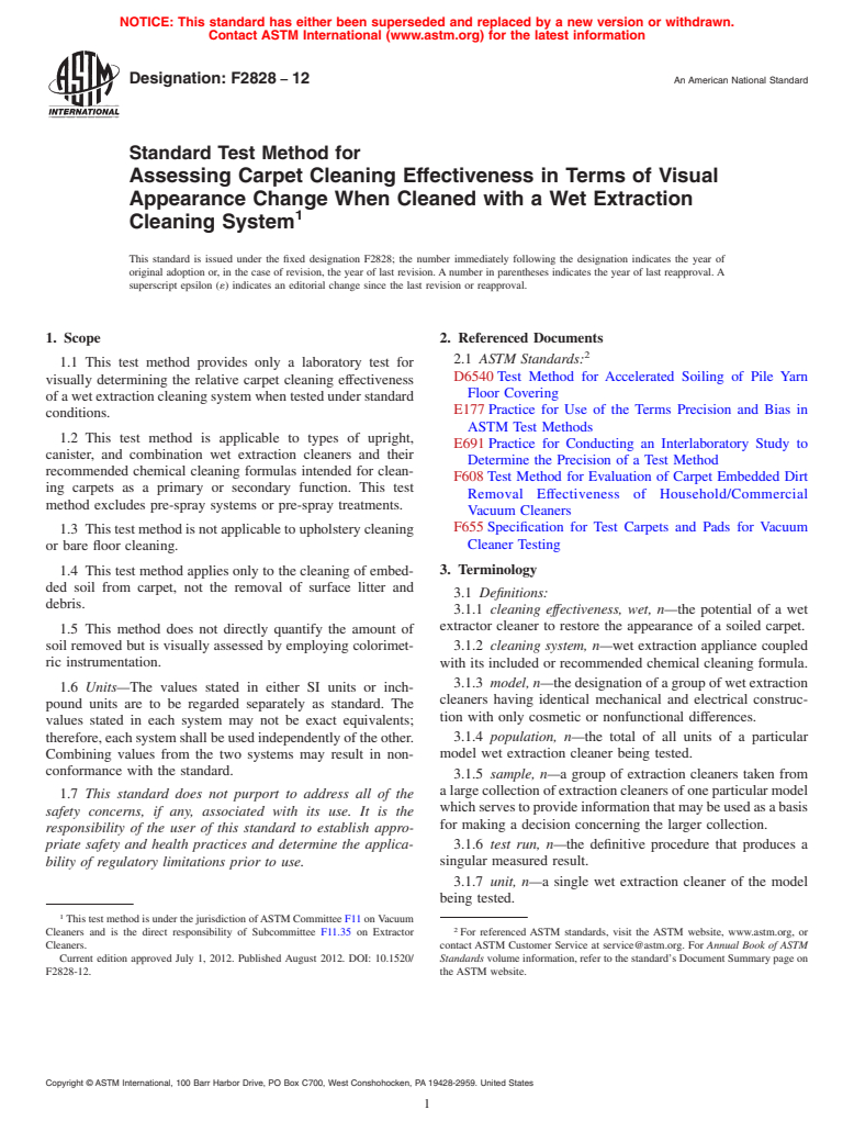 ASTM F2828-12 - Standard Test Method for Assessing Carpet Cleaning Effectiveness in Terms of Visual Appearance Change When Cleaned with a Wet Extraction Cleaning System