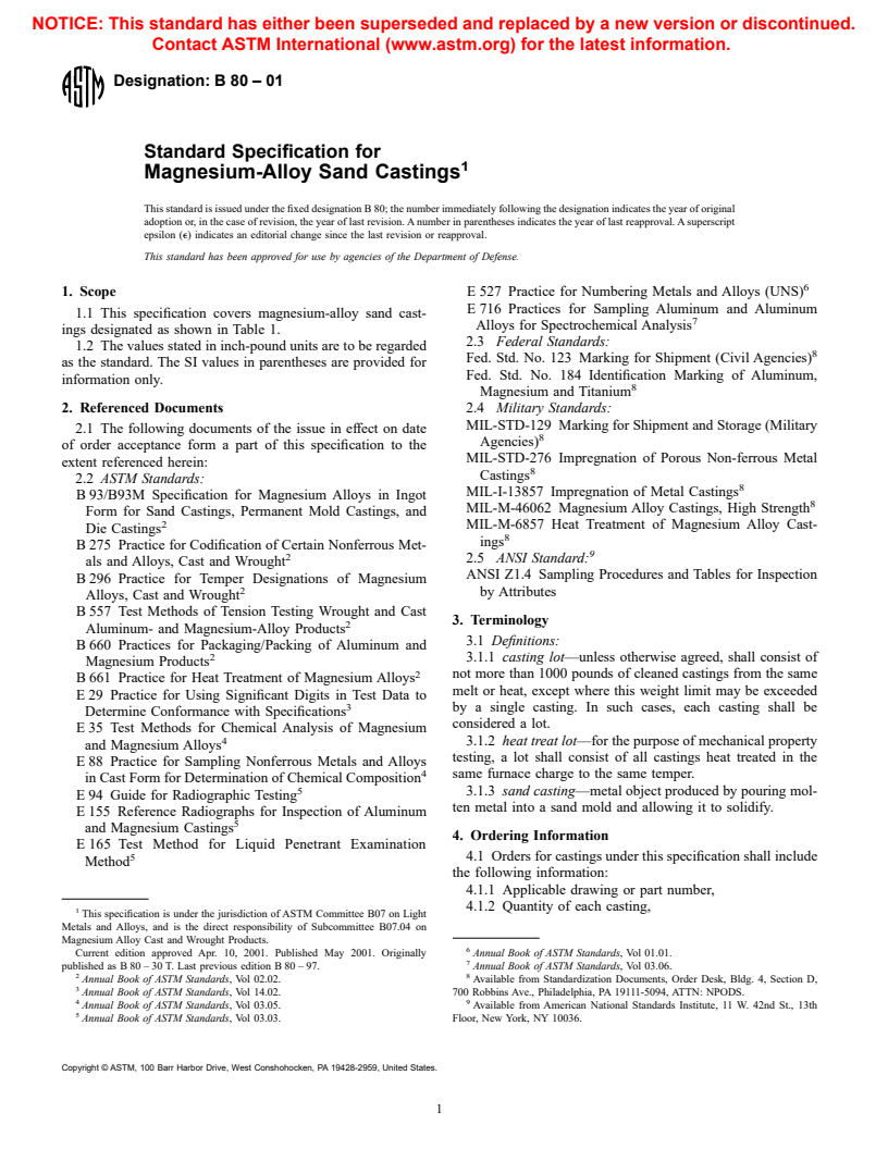 ASTM B80-01 - Standard Specification for Magnesium-Alloy Sand Castings