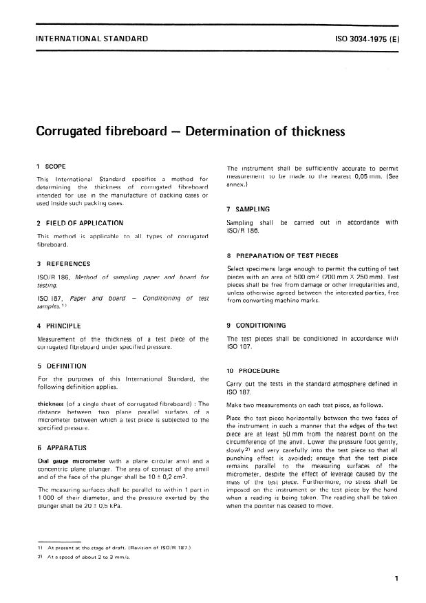 ISO 3034:1975 - Corrugated fibreboard -- Determination of thickness
