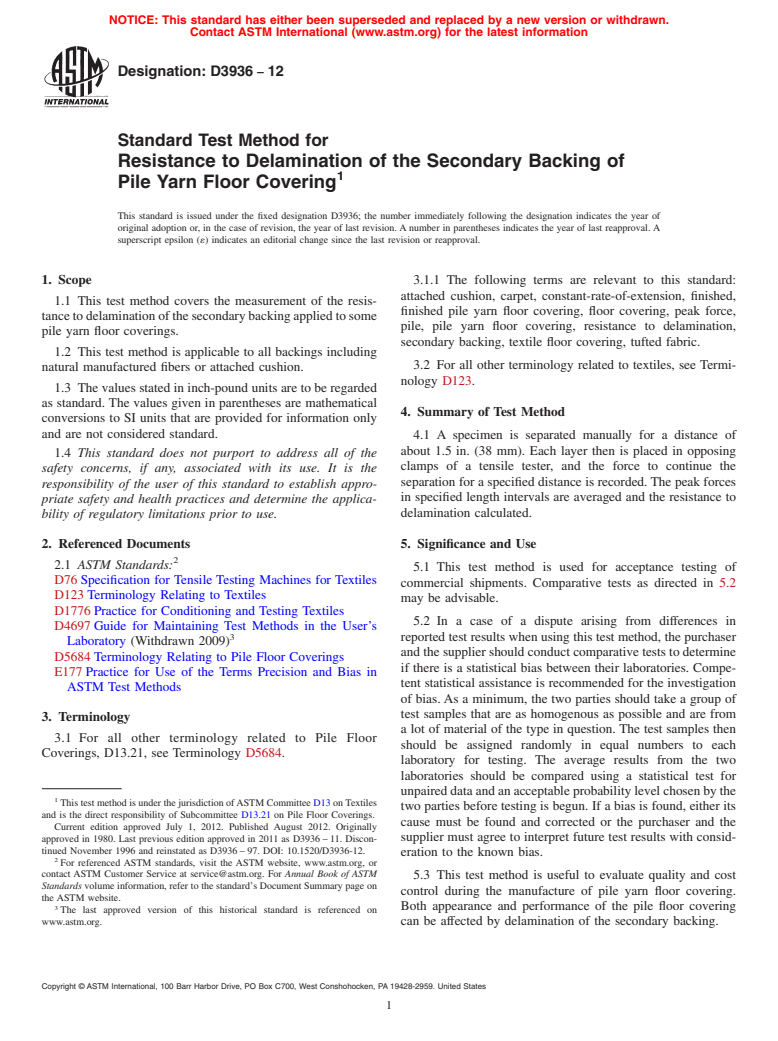 ASTM D3936-12 - Standard Test Method for  Resistance to Delamination of the Secondary Backing of Pile Yarn Floor Covering