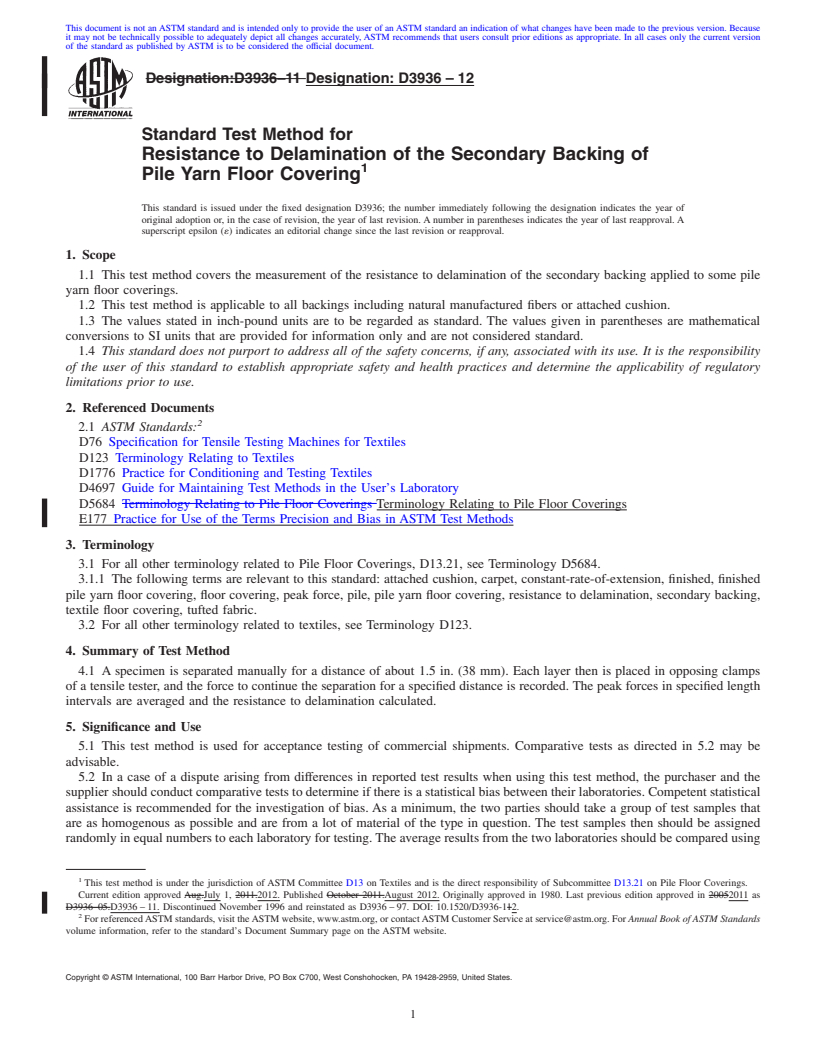 REDLINE ASTM D3936-12 - Standard Test Method for  Resistance to Delamination of the Secondary Backing of Pile Yarn Floor Covering