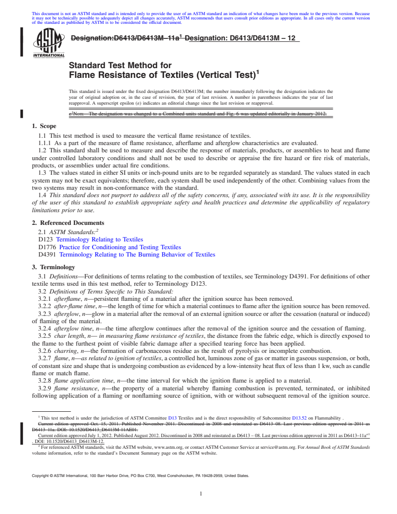 REDLINE ASTM D6413/D6413M-12 - Standard Test Method for Flame Resistance of Textiles (Vertical Test)