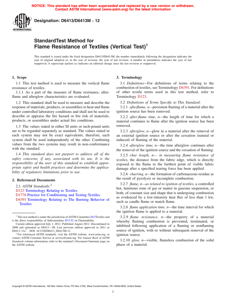 ASTM D6413/D6413M-12 - Standard Test Method for Flame Resistance of Textiles (Vertical Test)