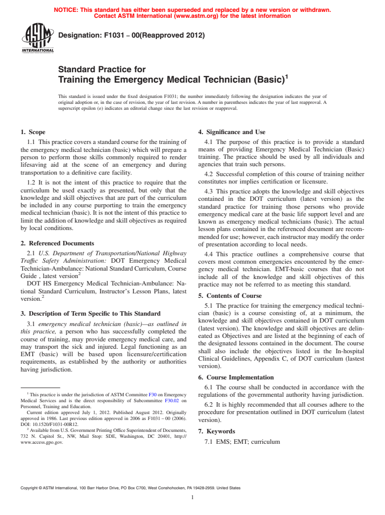 ASTM F1031-00(2012) - Standard Practice for  Training the Emergency Medical Technician (Basic)