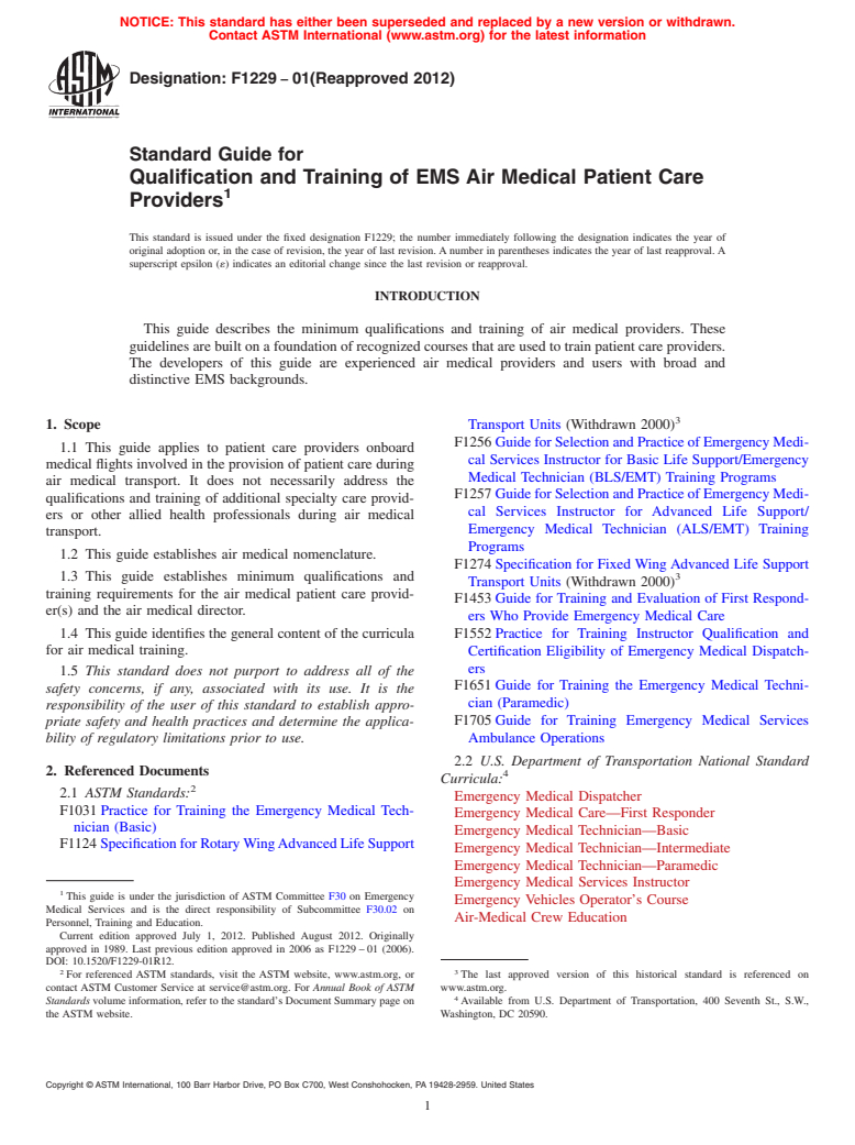 ASTM F1229-01(2012) - Standard Guide for Qualification and Training of EMS Air Medical Patient Care Providers