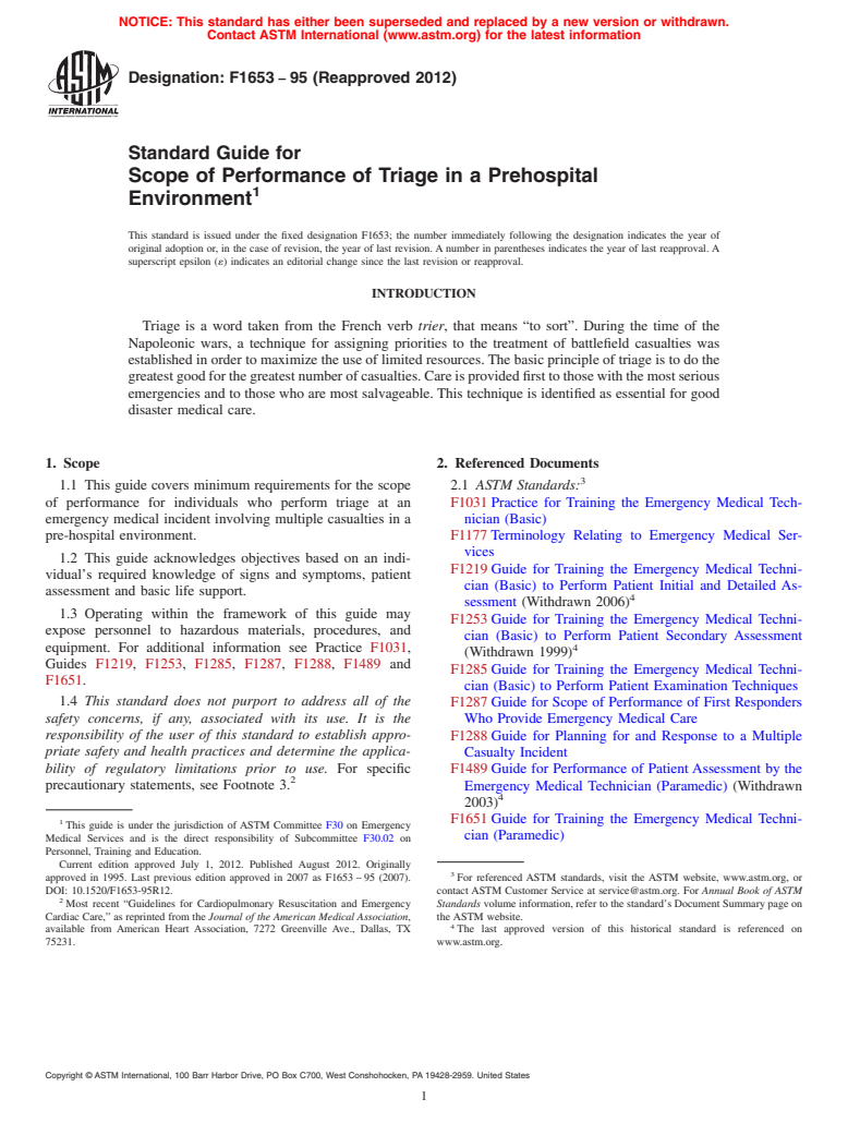 ASTM F1653-95(2012) - Standard Guide for  Scope of Performance of Triage in a Prehospital Environment