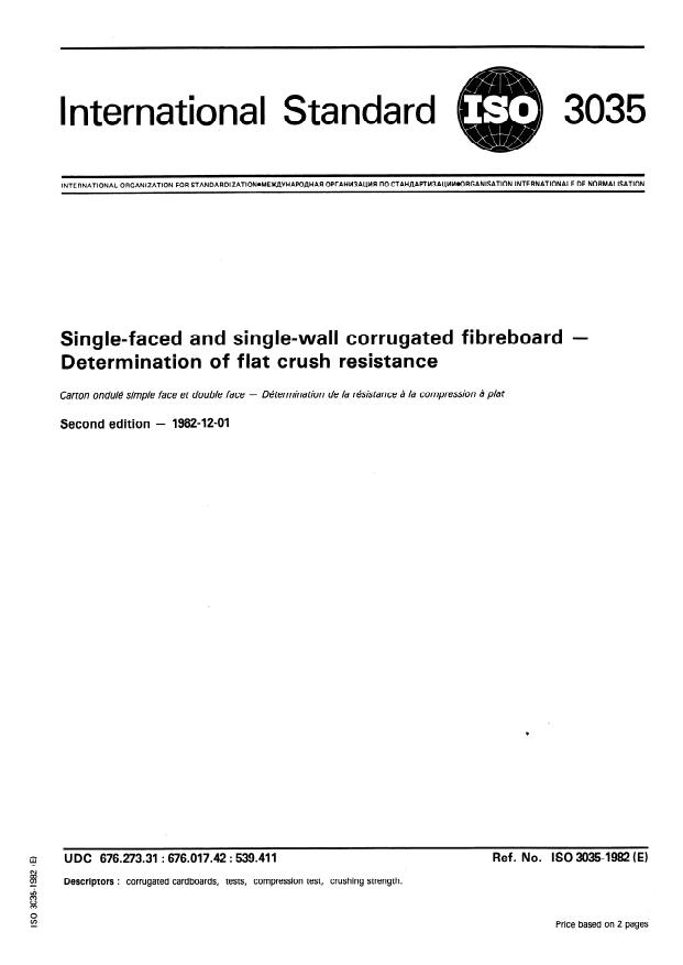 ISO 3035:1982 - Single-faced and single-wall corrugated fibreboard -- Determination of flat crush resistance
