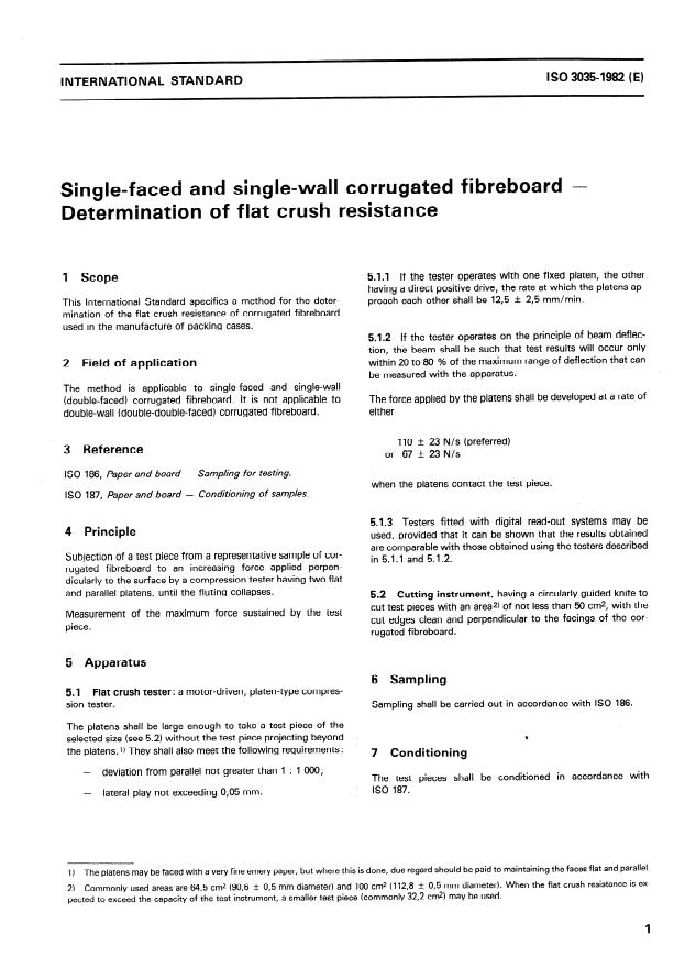 ISO 3035:1982 - Single-faced and single-wall corrugated fibreboard -- Determination of flat crush resistance