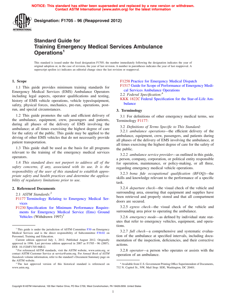 ASTM F1705-96(2012) - Standard Guide for  Training Emergency Medical Services Ambulance Operations