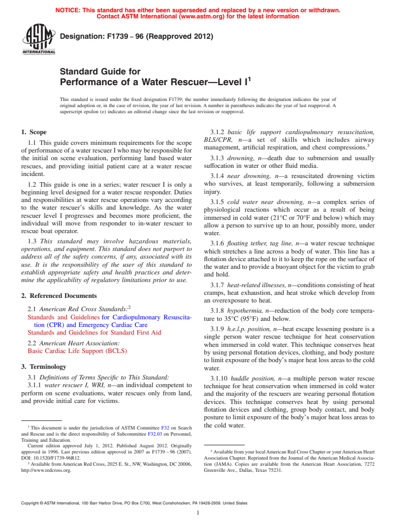 ASTM F1739-96(2012) - Standard Guide for  Performance of a Water Rescuer&mdash;Level I