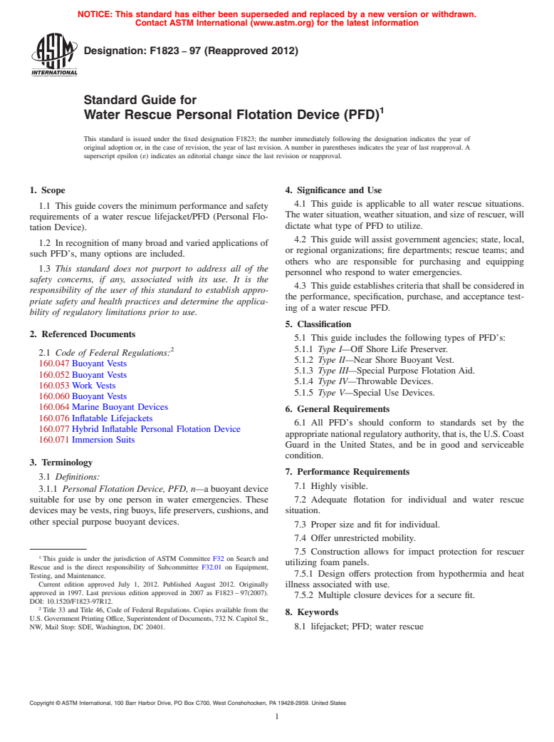 ASTM F1823-97(2012) - Standard Guide for Water Rescue Personal Flotation Device (PFD)