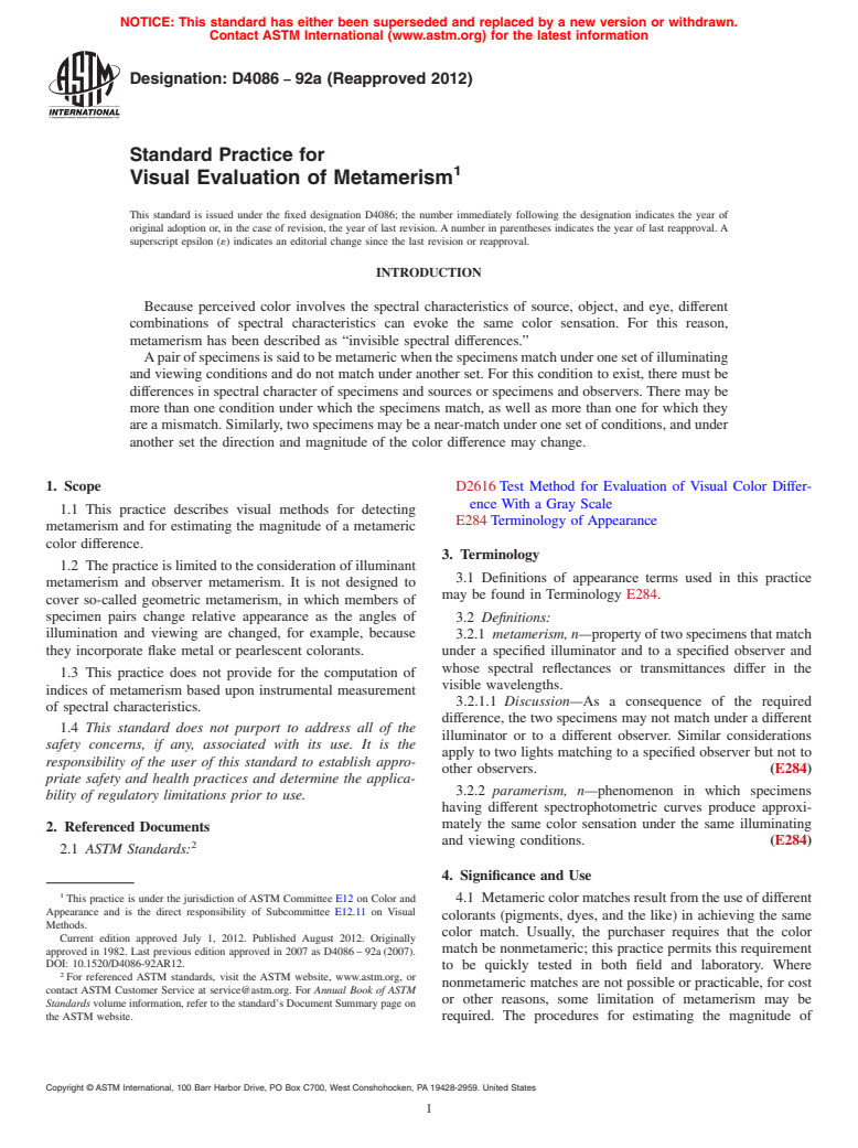 ASTM D4086-92a(2012) - Standard Practice for Visual Evaluation of Metamerism