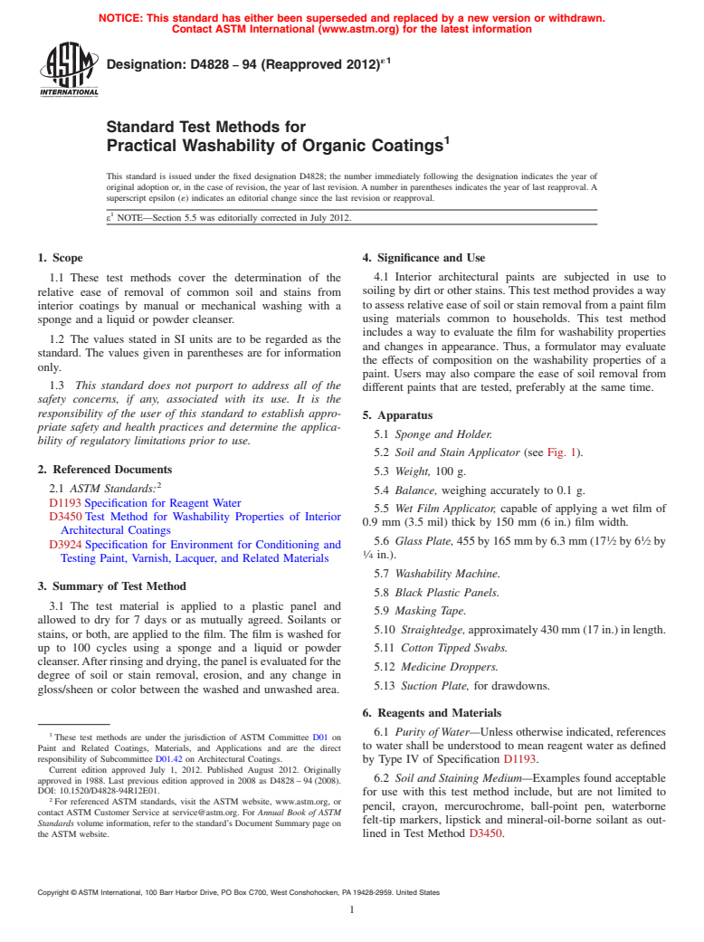 ASTM D4828-94(2012)e1 - Standard Test Methods for Practical Washability of Organic Coatings