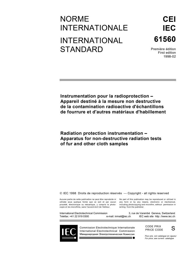 IEC 61560:1998 - Radiation protection instrumentation - Apparatus for non-destructive radiation tests of fur and other cloth samples