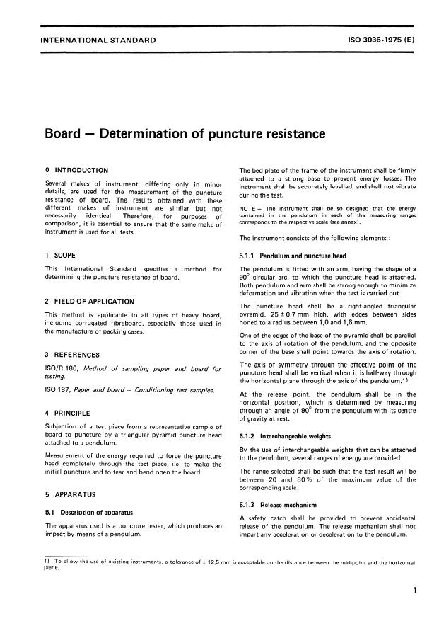 ISO 3036:1975 - Board -- Determination of puncture resistance