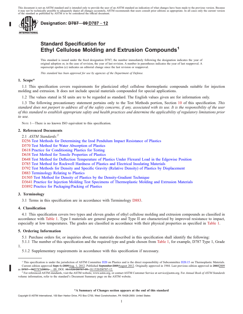 REDLINE ASTM D787-12 - Standard Specification for Ethyl Cellulose Molding and Extrusion Compounds