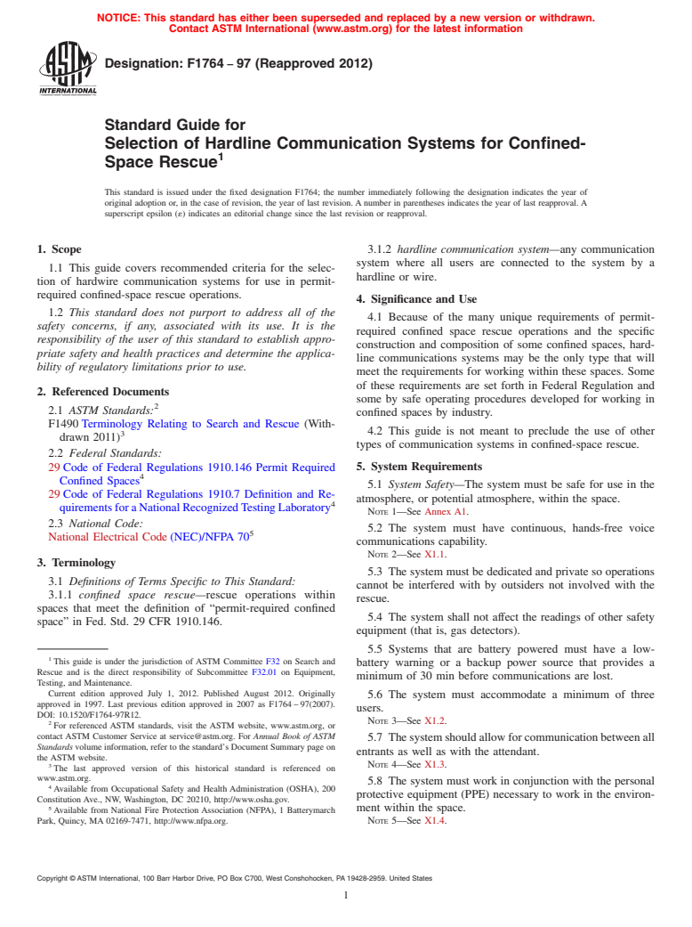 ASTM F1764-97(2012) - Standard Guide for  Selection of Hardline Communication Systems for Confined-Space Rescue