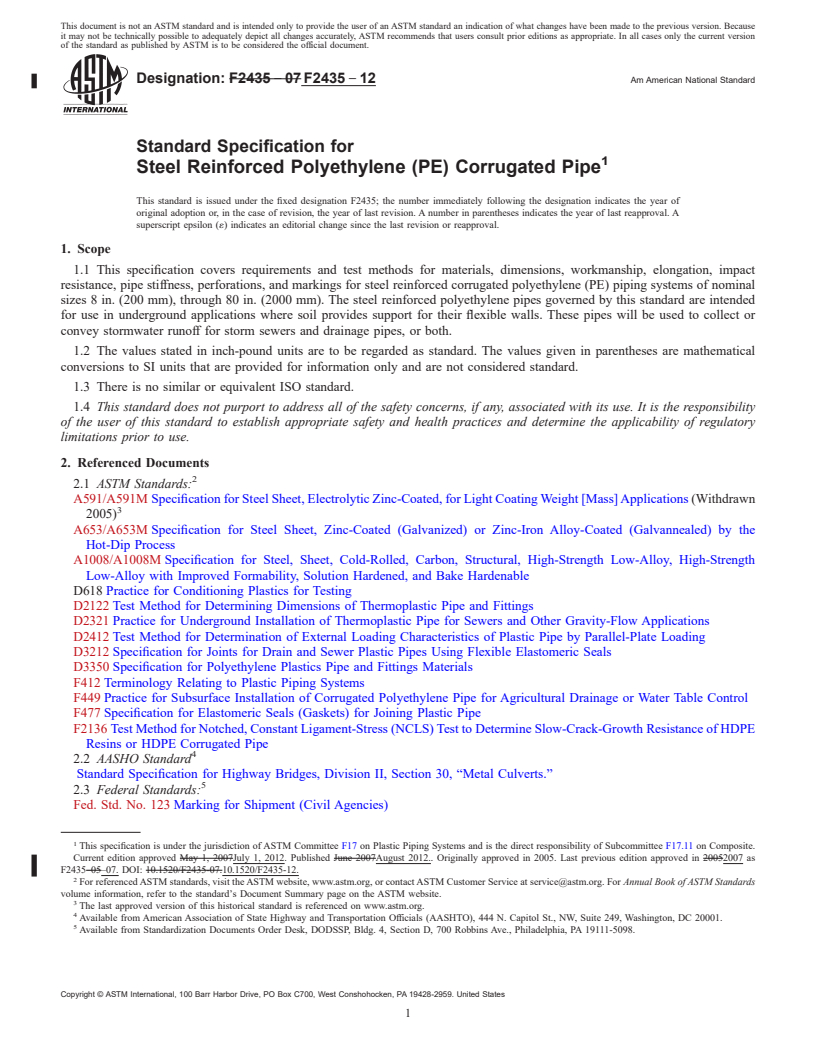 REDLINE ASTM F2435-12 - Standard Specification for Steel Reinforced Polyethylene (PE) Corrugated Pipe