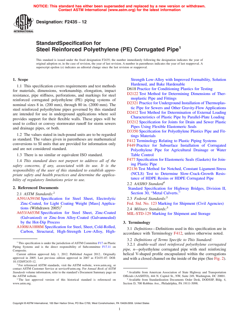 ASTM F2435-12 - Standard Specification for Steel Reinforced Polyethylene (PE) Corrugated Pipe