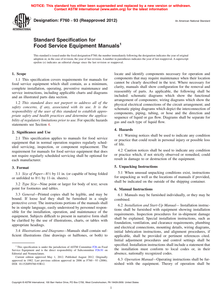 ASTM F760-93(2012) - Standard Specification for  Food Service Equipment Manuals