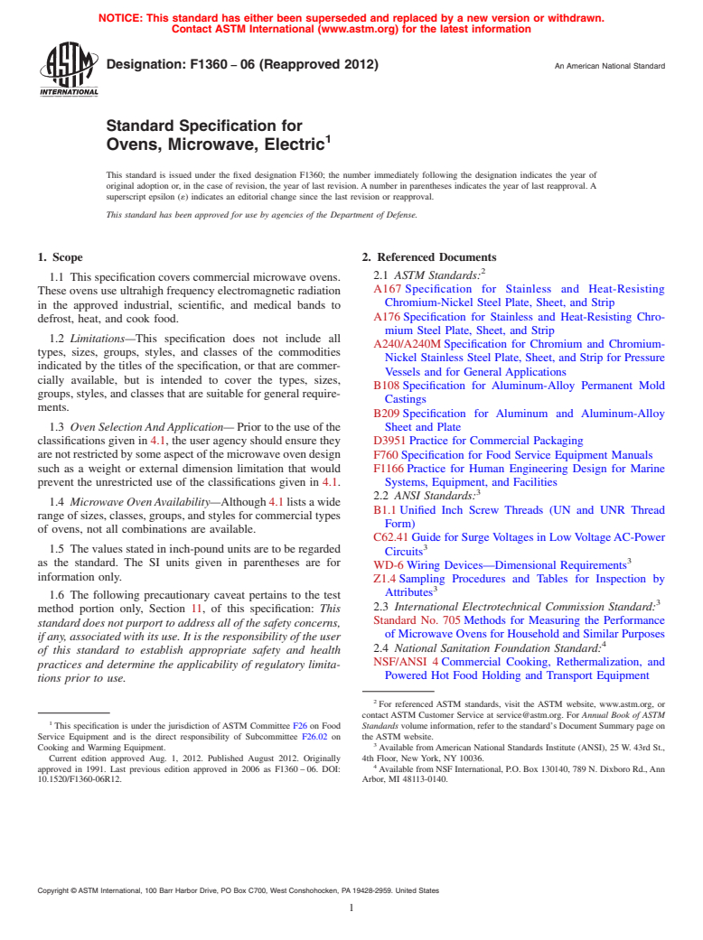 ASTM F1360-06(2012) - Standard Specification for Ovens, Microwave, Electric