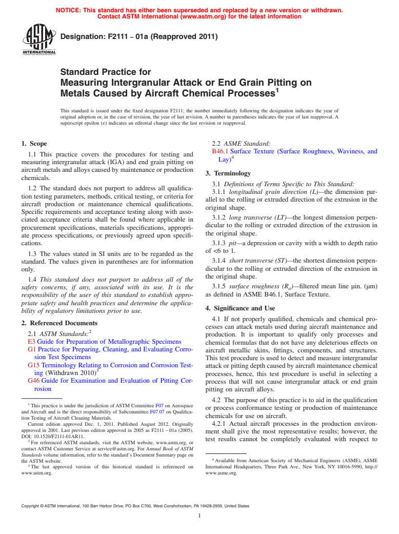 ASTM F2111-01a(2011) - Standard Practice for Measuring Intergranular Attack or End Grain Pitting on Metals Caused by Aircraft Chemical Processes