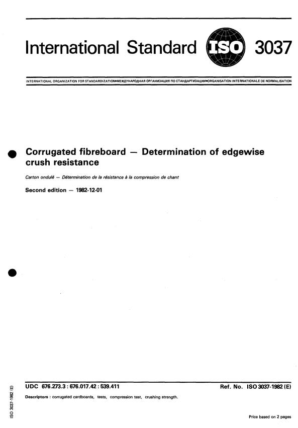 ISO 3037:1982 - Corrugated fibreboard -- Determination of edgewise crush resistance