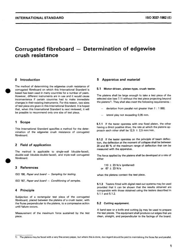 ISO 3037:1982 - Corrugated fibreboard -- Determination of edgewise crush resistance
