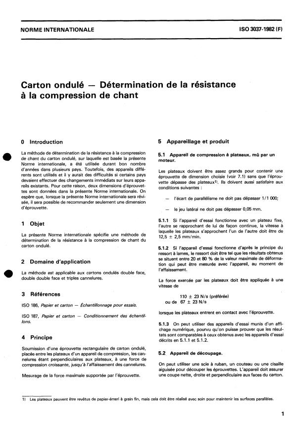 ISO 3037:1982 - Carton ondulé -- Détermination de la résistance a la compression de chant