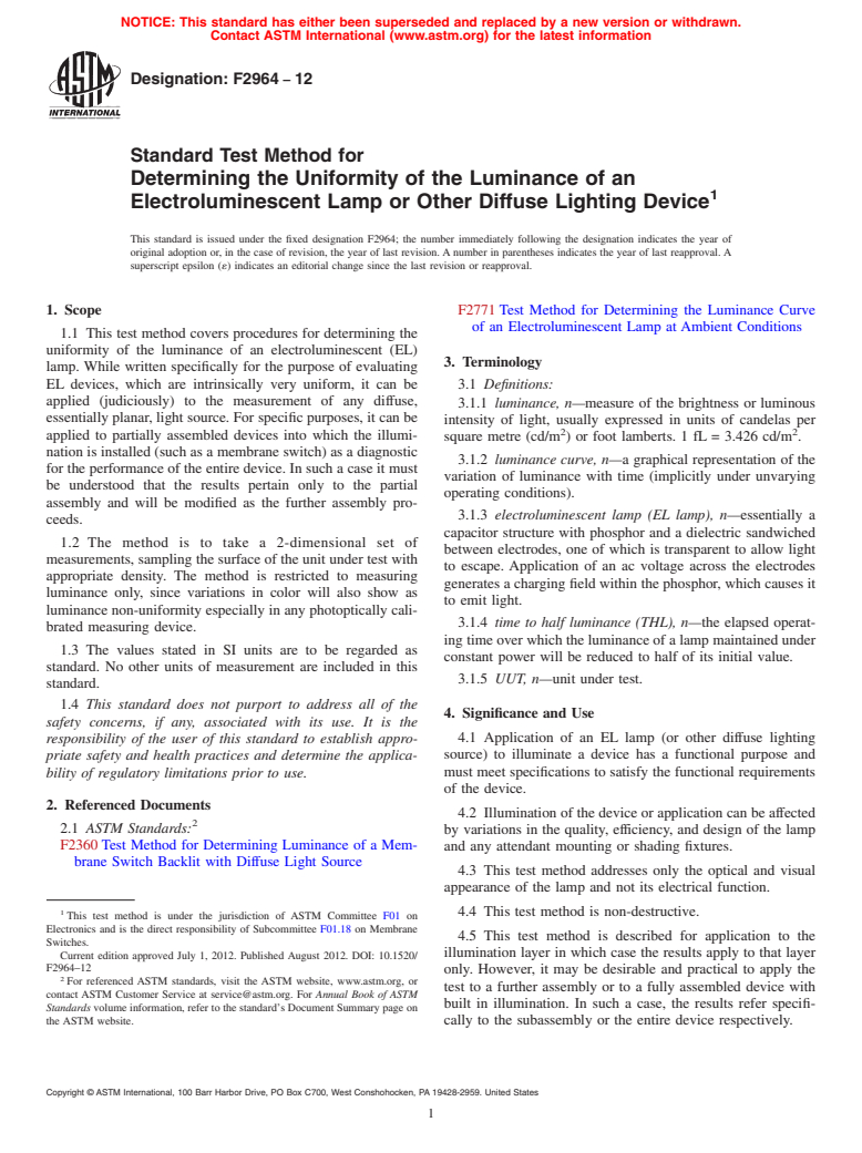 ASTM F2964-12 - Standard Test Method for Determining the Uniformity of the Luminance of an Electroluminescent  Lamp or Other Diffuse Lighting Device