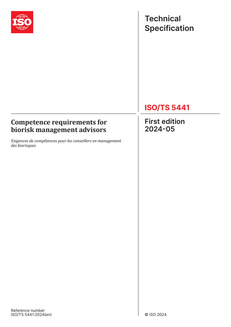 ISO/TS 5441:2024 - Competence requirements for biorisk management advisors
Released:15. 05. 2024