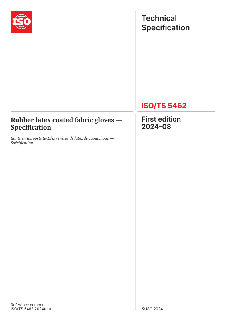 ISO/TS 5462:2024 - Rubber latex coated fabric gloves — Specification
Released:30. 08. 2024