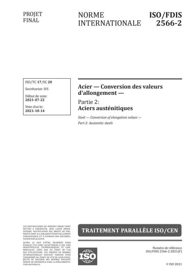 ISO/FDIS 2566-2 - Acier -- Conversion des valeurs d'allongement