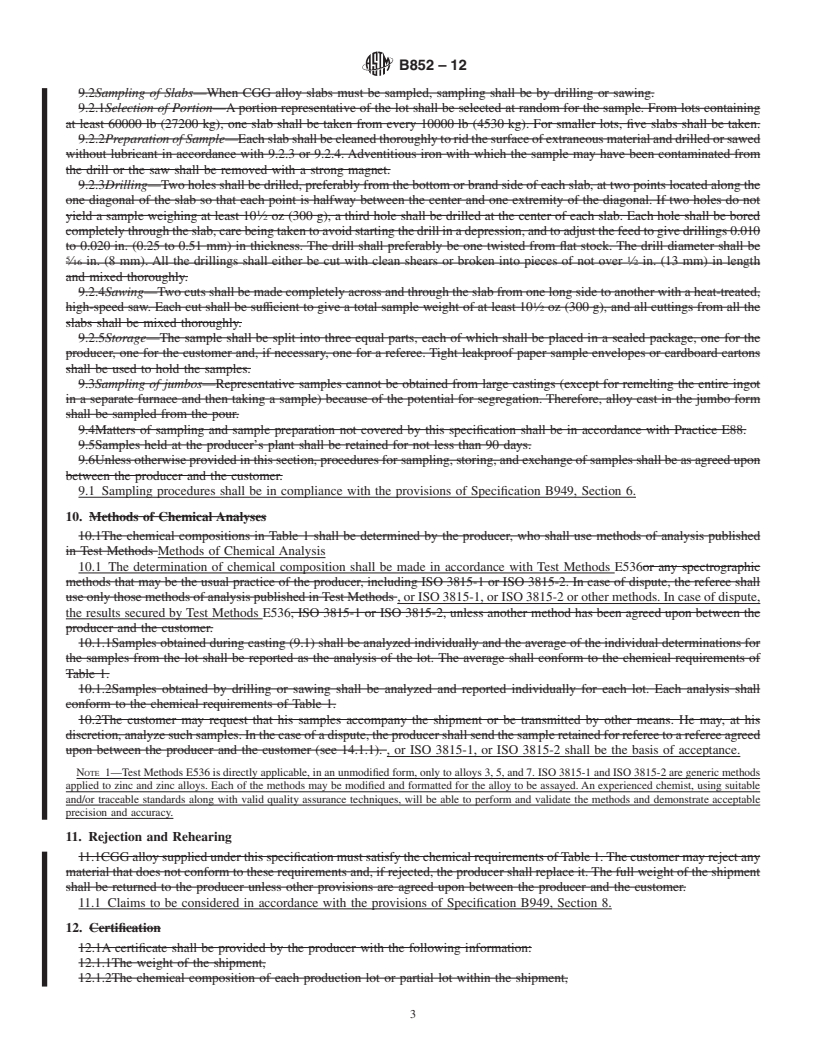 REDLINE ASTM B852-12 - Standard Specification for Continuous Galvanizing Grade (CGG) Zinc Alloys for Hot-Dip Galvanizing  of Sheet Steel