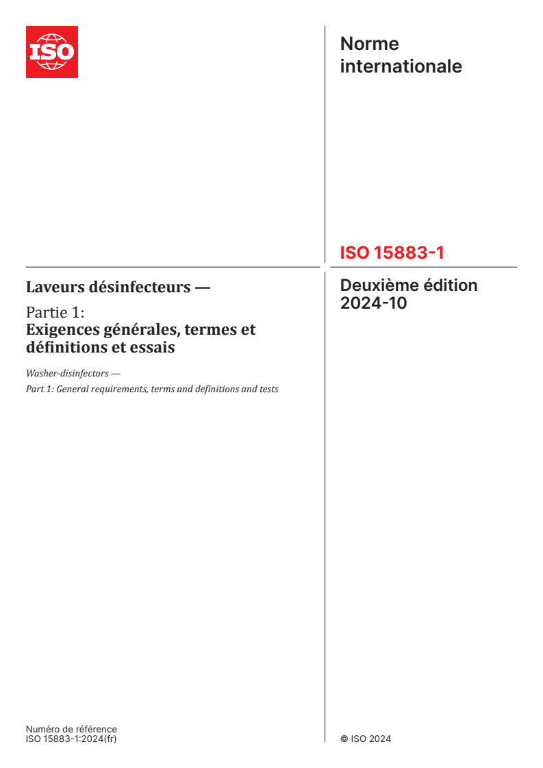 ISO 15883-1:2024 - Laveurs désinfecteurs — Partie 1: Exigences générales, termes et définitions et essais
Released:4. 10. 2024