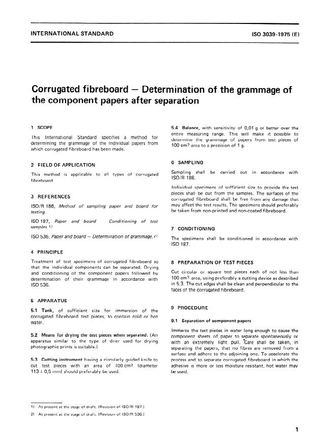ISO 3039:1975 - Corrugated fibreboard -- Determination of the grammage of the component papers after separation
