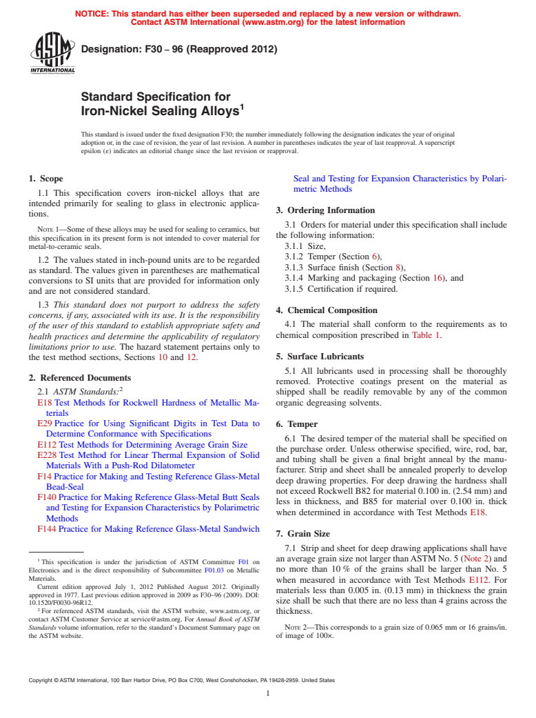 ASTM F30-96(2012) - Standard Specification for Iron-Nickel Sealing Alloys