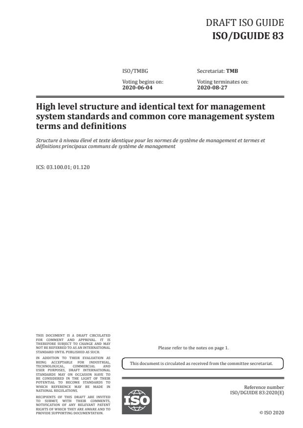 ISO/DGuide 83 - High level structure and identical text for management system standards and common core management system terms and definitions