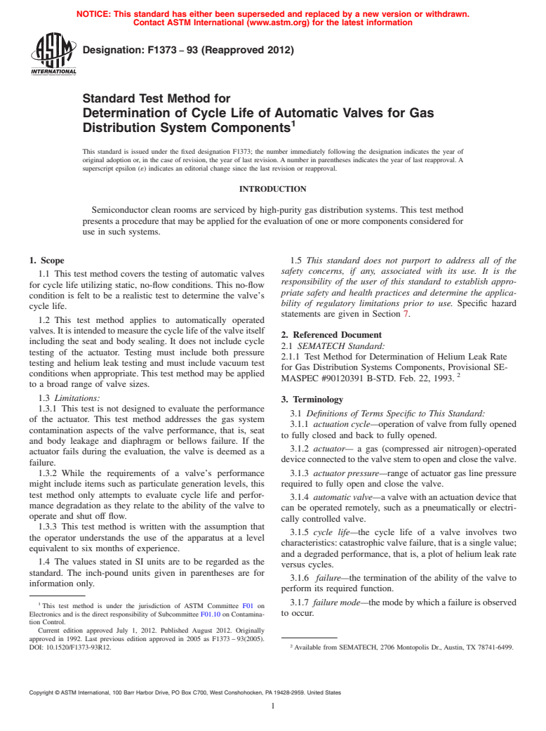 ASTM F1373-93(2012) - Standard Test Method for  Determination of Cycle Life of Automatic Valves for Gas Distribution  System Components