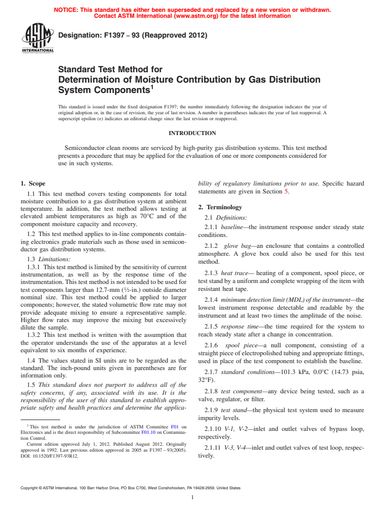 ASTM F1397-93(2012) - Standard Test Method for  Determination of Moisture Contribution by Gas Distribution   System Components