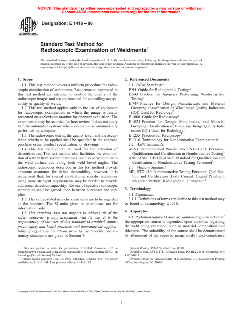 ASTM E1416-96 - Standard Test Method for Radioscopic Examination of Weldments