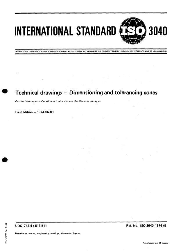 ISO 3040:1974 - Technical drawings -- Dimensioning and tolerancing cones
