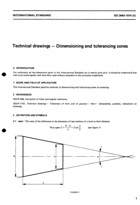 ISO 3040:1974 - Technical drawings -- Dimensioning and tolerancing cones