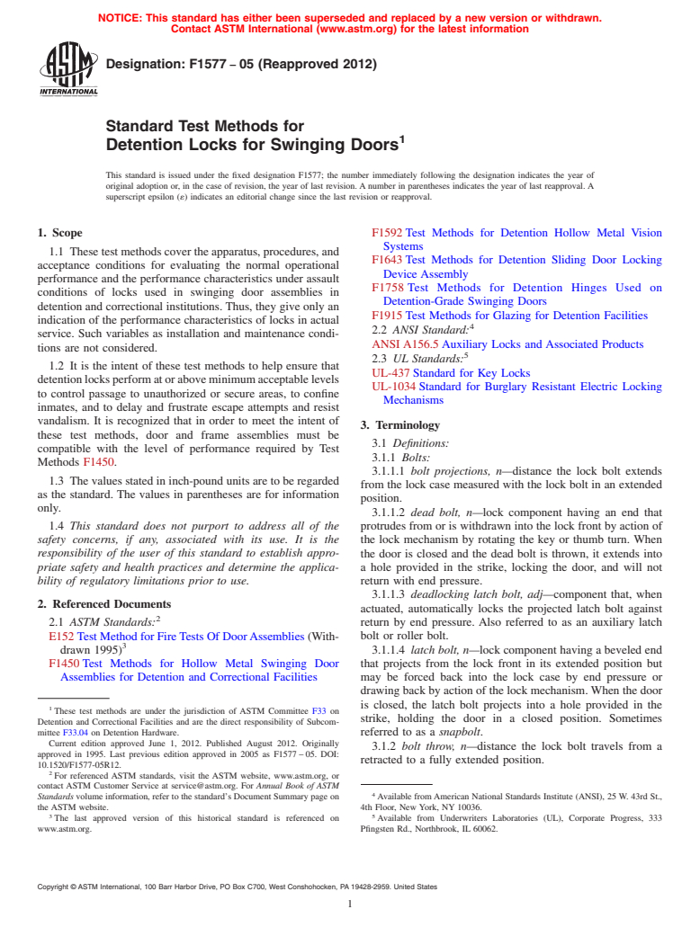 ASTM F1577-05(2012) - Standard Test Methods for Detention Locks for Swinging Doors